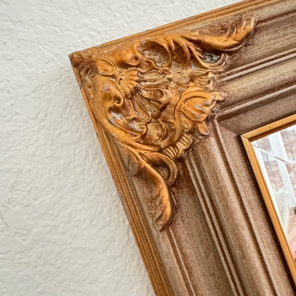 Vintage Look Ornate Gold Tone Fancy Victorian Designs Framed Wood Mirror
